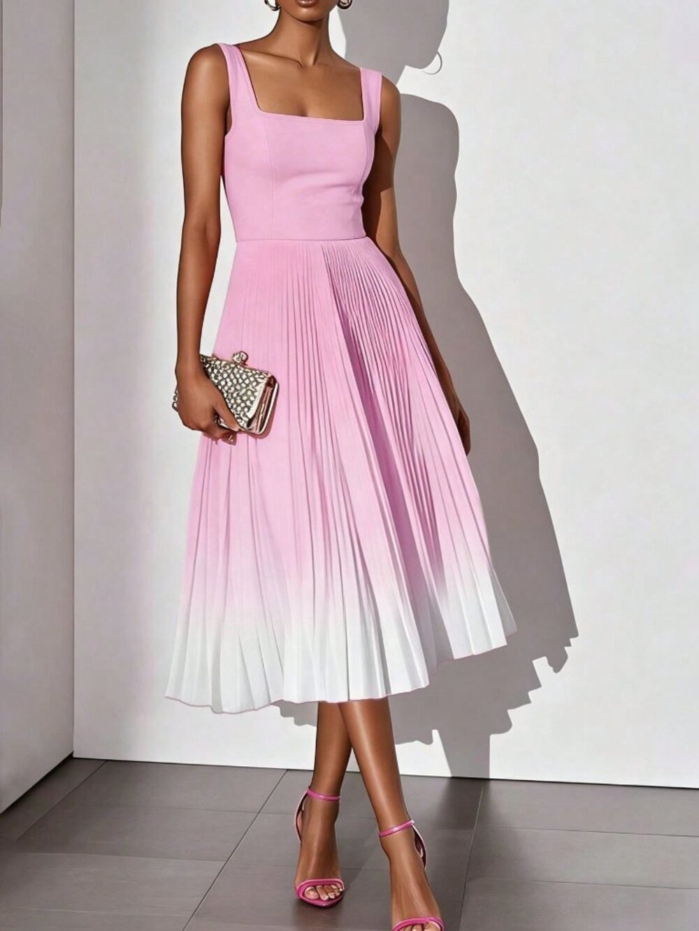 Pink Casual Women's Elegant Sleeveless Zipper Ombre Pleated Dress - Picture 1 of 5